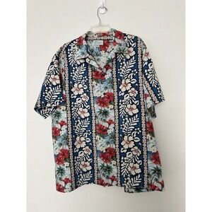 Vintage RJC Hawaiian Camp Shirt Men's 2XL Blue Floral Hibiscus Made in Hawaii